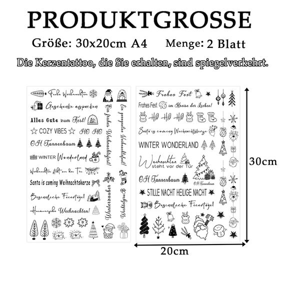 ALLAVA 2 Stück Kerzentattoos Weihnachten, Kerzen Tattoos A4, Wasserschiebefolie Rub on Sticker Weihnachten, Kerzensticker Kerzenfolie für Kerzen oder Keramik Bogen DIY Stickerbogen (Weihnachten A)