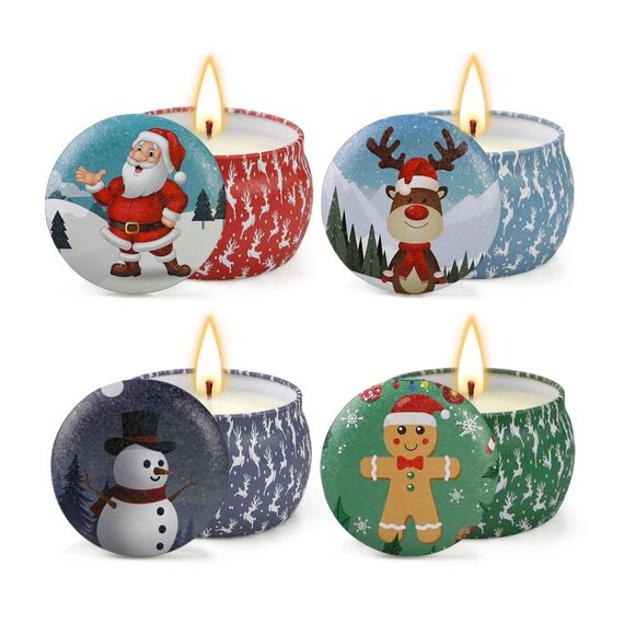 Duftkerzen Weihnachten Geschenkset,Tragbares Blech Geschenkset im 4er-Pack,120 Brennstunden, Natürliches Sojawachs mit ätherischen Ölen Kerzen, Geschenk für Frauen