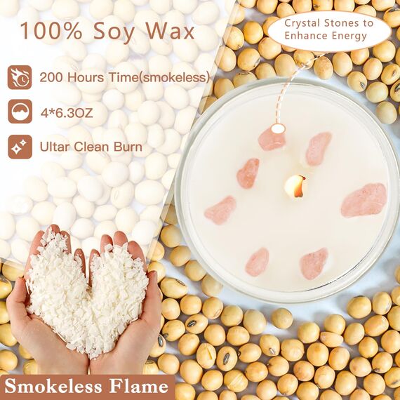 Kristallsteine Duftkerzen für Zuhause Natürliche Sojawachs Kerzen mit 4 Aromen (Kokos, Zitrone, Flieder, Eukalyptus) Rauchfrei + 45-50h Brenndauer im Geschenkset Geschenke für Frauen