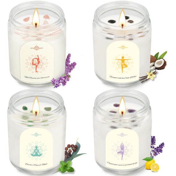 Kristallsteine Duftkerzen für Zuhause Natürliche Sojawachs Kerzen mit 4 Aromen (Kokos, Zitrone, Flieder, Eukalyptus) Rauchfrei + 45-50h Brenndauer im Geschenkset Geschenke für Frauen