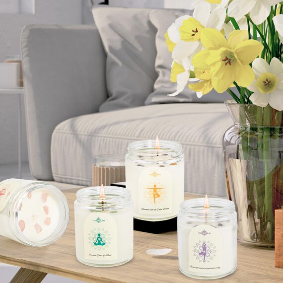 Kristallsteine Duftkerzen für Zuhause Natürliche Sojawachs Kerzen mit 4 Aromen (Kokos, Zitrone, Flieder, Eukalyptus) Rauchfrei + 45-50h Brenndauer im Geschenkset Geschenke für Frauen