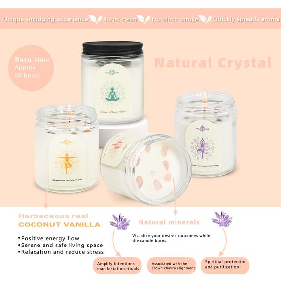 Kristallsteine Duftkerzen für Zuhause Natürliche Sojawachs Kerzen mit 4 Aromen (Kokos, Zitrone, Flieder, Eukalyptus) Rauchfrei + 45-50h Brenndauer im Geschenkset Geschenke für Frauen