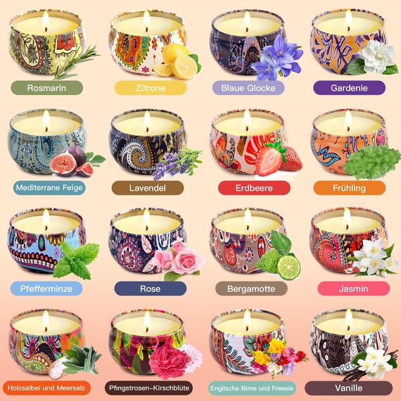 Duftkerzen Geschenke für Frauen, 16 St Duftkerzen Geschenkset Aromatherapy Natürliches Sojawachs Düft Kerze Set 320 Std Langer Brenndauer Mit Grußkarte für Parteien Geburtstag Muttertag, 2,5 OZ/ST