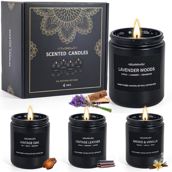 Duftkerzen für Männer, Duftkerzenset Sojawachskerzen für Zuhause Ihn, 4er Pack Herrenduftkerzen Vatertagsgeschenke Geschenke für Männer Düfte von Leder/Eiche/Lavendelholz/Rauchige Vanille