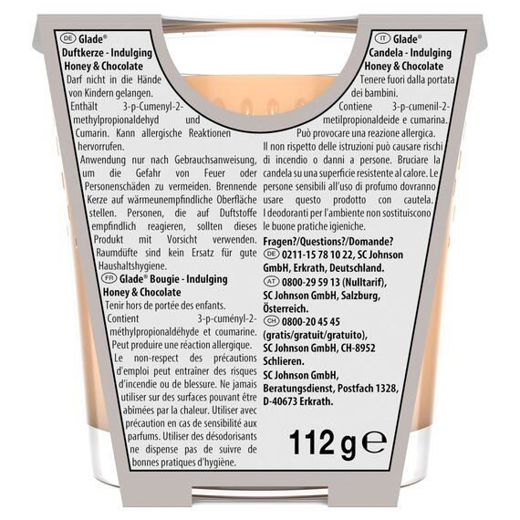 Glade Duft-Kerze im Glas, Honey & Chocolate, bis zu 27 Stunden Brenndauer, 6er Pack (6 x 112g)