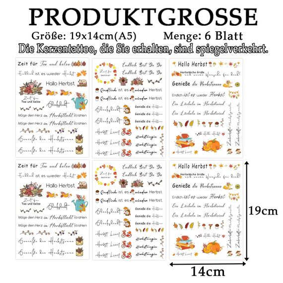 ALLAVA 6 Blatt Kerzentattoos Herbst, Herbst Kerzen, Rub On Sticker Herbst, Herbst Dekoration, Sticker Herbstdeko für Kinder zum Basteln, DIY Kerzen Geschenk, Kerzen Dekorieren (19x14, Herbst C)