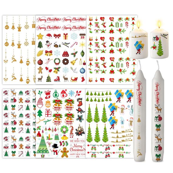 ALLAVA 6 Stück Kerzentattoos Weihnachten(200+ Muster), Wasserschiebefolie Kerzen, Kerzensticker Kerzenfolie für Kerze Tasse DIY Geschenk, Kerzen Dekorieren, Kerzensprüche
