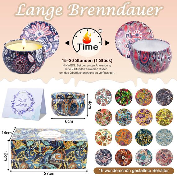 Duftkerzen Geschenke für Frauen, 16 St Duftkerzen Geschenkset Aromatherapy Natürliches Sojawachs Düft Kerze Set 320 Std Langer Brenndauer Mit Grußkarte für Parteien Geburtstag Muttertag, 2,5 OZ/ST