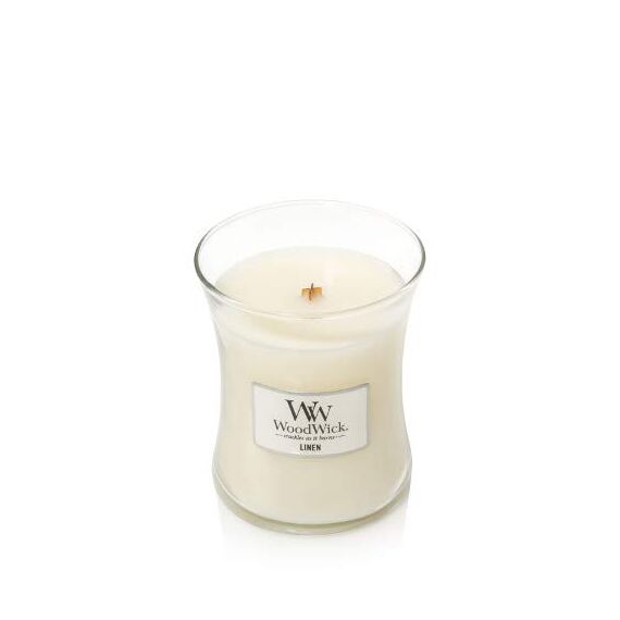 WoodWick mittelgroße Duftkerze im Sanduhrglas mit knisterndem Docht | Linen | Brenndauer bis zu 60 Stunden