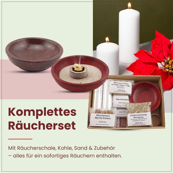 Räucherset „Hausreinigung“ – 9 TLG. – Kräuter-Mischung Reinigung m. Weihrauch Oman Al-Hojari u. Myrrhe - Räucherschale u. Zubehör – Geschenkkarton mit Klarsichtdeckel (Weiße Speckstein-Schale)