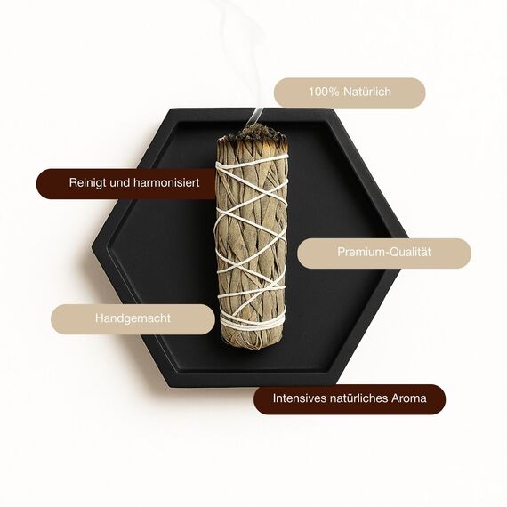 BESOULS Premium Räucherset Hausreinigung: 2 Weißer Salbei zum Räuchern 8 Palo Santo Räucherholz aus Peru 1 Selenit Einzigartiges Tablett spirituelle Geschenke Salbei räuchern räucherbündel