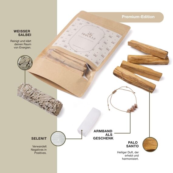 BESOULS Premium Räucherset Hausreinigung: 1 Weißer Salbei zum Räuchern 4-6 Palo Santo Räucherholz aus Peru 1 Selenit Geschenkarmband spirituelle Geschenke weißer Salbei räuchern White sage