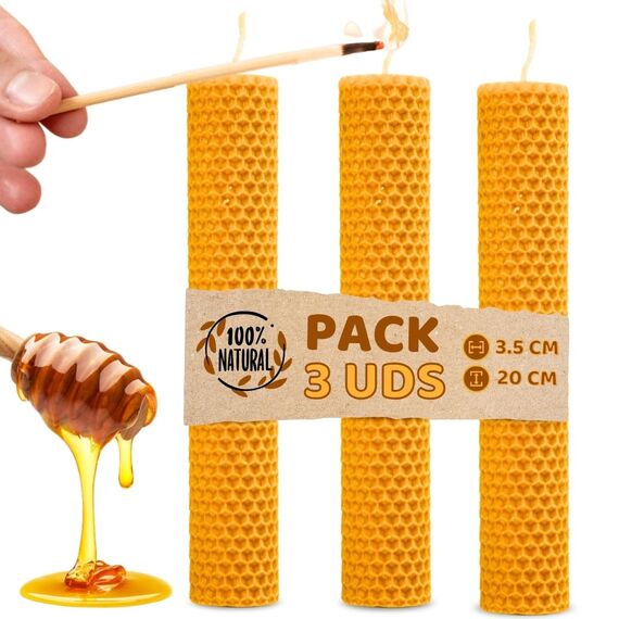 DECEVI Bienenwachskerzen Honigwabe – 8 Stück – 100% Natürliches spanisches Bienenwachs – Handgefertigt & Ohne Paraffin – Nachhaltige Kerzen für Zuhause (3 Stück, 20 cm x 3,5 cm)