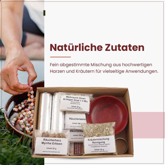 Räucherset „Hausreinigung“ – 9 TLG. – Kräuter-Mischung Reinigung m. Weihrauch Oman Al-Hojari u. Myrrhe - Räucherschale u. Zubehör – Geschenkkarton mit Klarsichtdeckel (Rote Speckstein-Schale)