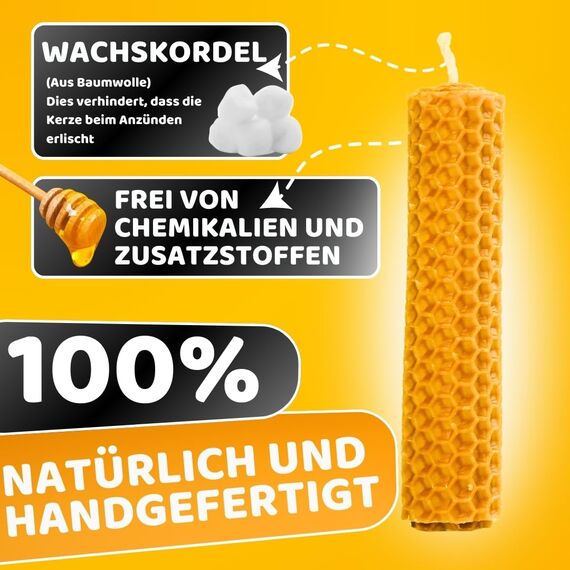 DECEVI Bienenwachskerzen Honigwabe – 8 Stück – 100% Natürliches spanisches Bienenwachs – Handgefertigt & Ohne Paraffin – Nachhaltige Kerzen für Zuhause (8 Stück, 10 cm x 2,2 cm)