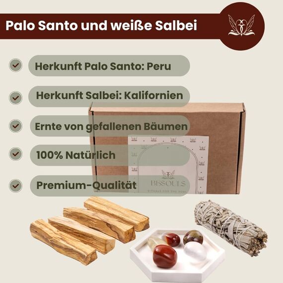 BESOULS Premium Räucherset hausreinigung Innere Stärke:4-6 Palo Santo Räucherholz 1 Weißer Salbei zum Räuchern 5 Steine Energie Handgefertigtes Tablett QR mit digitalem Inhalt (Innere Stärke)