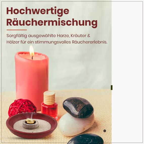 Räucherset „Hausreinigung“ – 9 TLG. – Kräuter-Mischung Reinigung m. Weihrauch Oman Al-Hojari u. Myrrhe - Räucherschale u. Zubehör – Geschenkkarton mit Klarsichtdeckel (Weiße Speckstein-Schale)