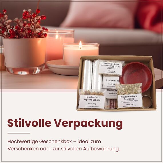 Räucherset „Hausreinigung“ – 9 TLG. – Kräuter-Mischung Reinigung m. Weihrauch Oman Al-Hojari u. Myrrhe - Räucherschale u. Zubehör – Geschenkkarton mit Klarsichtdeckel (Rote Speckstein-Schale)