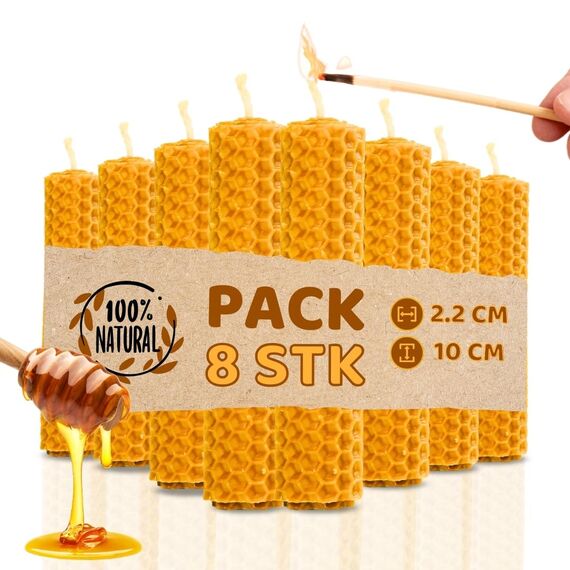 DECEVI Bienenwachskerzen Honigwabe – 8 Stück – 100% Natürliches spanisches Bienenwachs – Handgefertigt & Ohne Paraffin – Nachhaltige Kerzen für Zuhause (8 Stück, 10 cm x 2,2 cm)