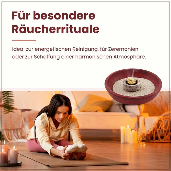 Räucherset „Hausreinigung“ – 9 TLG. – Kräuter-Mischung Reinigung m. Weihrauch Oman Al-Hojari u. Myrrhe - Räucherschale u. Zubehör – Geschenkkarton mit Klarsichtdeckel (Rote Speckstein-Schale)