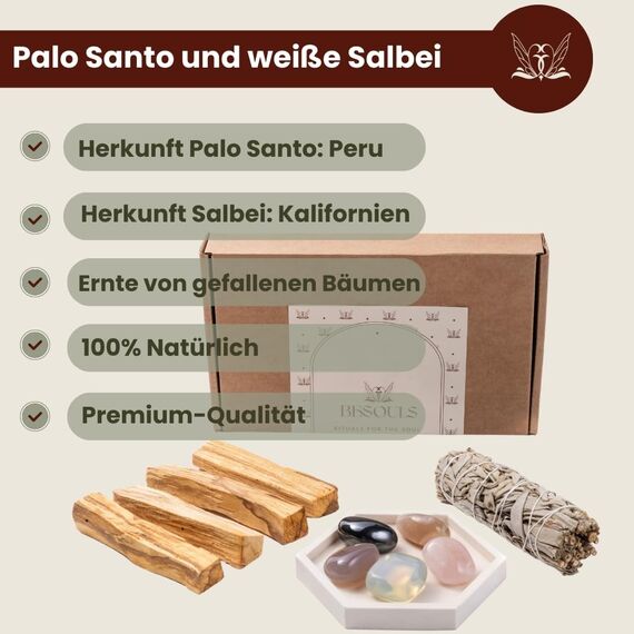 BESOULS Premium Räucherset hausreinigung Neue Anfänge: 4-6 Palo Santo Räucherholz 1 Weißer Salbei zum Räuchern 5 Steine Neubeginn Handgefertigtes Tablett QR mit digitalem Inhalt (Neue Anfänge)