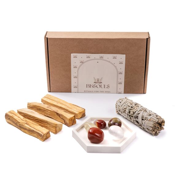 BESOULS Premium Räucherset hausreinigung Innere Stärke:4-6 Palo Santo Räucherholz 1 Weißer Salbei zum Räuchern 5 Steine Energie Handgefertigtes Tablett QR mit digitalem Inhalt (Innere Stärke)