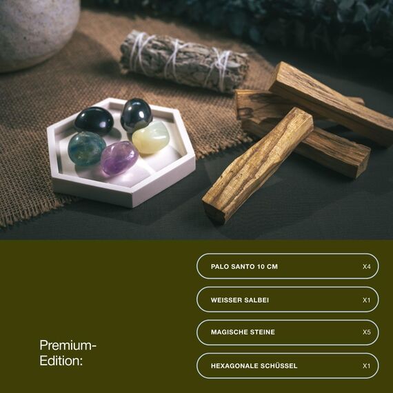 BESOULS Premium Räucherset Schutz: 4-6 Palo Santo Räucherholz, 1 Weißer Salbei zum Räuchern, 5 Schutzsteine, Handgefertigtes Tablett, Spirituelle Geschenke, QR mit digitalem Inhalt (Schutz)