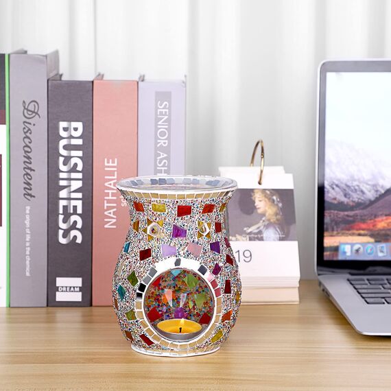 SUMNACON Glass Duftlampe mit Kerzenhalter Teelichthalter Kalebasse Aromalampe Duftlicht Aromabrenner für Duftöl und Duftwachs Mosaik-Muster(Bunt)
