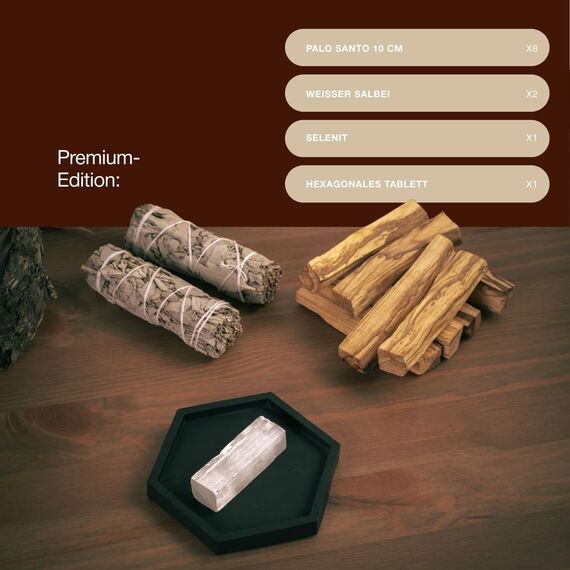 BESOULS Premium Räucherset Hausreinigung: 2 Weißer Salbei zum Räuchern 8 Palo Santo Räucherholz aus Peru 1 Selenit Einzigartiges Tablett spirituelle Geschenke Salbei räuchern räucherbündel