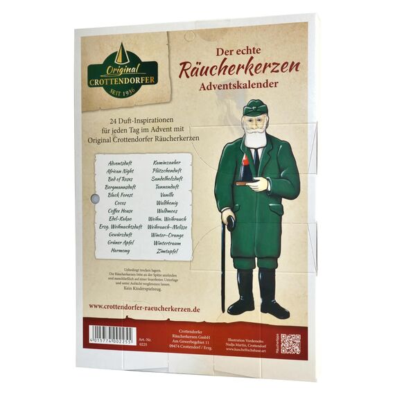 Crottendorfer Adventskalender - 24 Düfte - Hochformat (21x30cm) - Crottendorfer Räucherkerzen für Weihnachten - Räuchermännchen Zubehör - Mit Weihrauch, Myrrhe, Zimt, Vanille, Tanne - Made in Germany