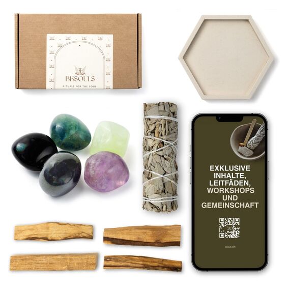 BESOULS Premium Räucherset Schutz: 4-6 Palo Santo Räucherholz, 1 Weißer Salbei zum Räuchern, 5 Schutzsteine, Handgefertigtes Tablett, Spirituelle Geschenke, QR mit digitalem Inhalt (Schutz)