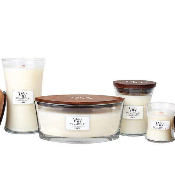 WoodWick Große Duftkerze im Sanduhrglas mit knisterndem Docht | Linen | bis zu 130 Stunden Brenndauer