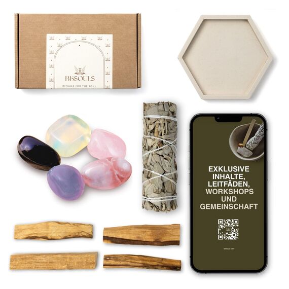 BESOULS Premium Räucherset hausreinigung Neue Anfänge: 4-6 Palo Santo Räucherholz 1 Weißer Salbei zum Räuchern 5 Steine Neubeginn Handgefertigtes Tablett QR mit digitalem Inhalt (Neue Anfänge)