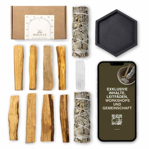 BESOULS Premium Räucherset Hausreinigung: 2 Weißer Salbei zum Räuchern 8 Palo Santo Räucherholz aus Peru 1 Selenit Einzigartiges Tablett spirituelle Geschenke Salbei räuchern räucherbündel