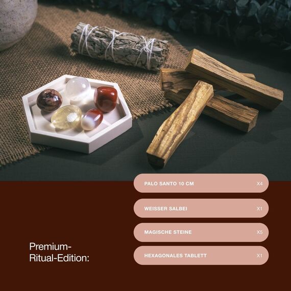 BESOULS Premium Räucherset hausreinigung Innere Stärke:4-6 Palo Santo Räucherholz 1 Weißer Salbei zum Räuchern 5 Steine Energie Handgefertigtes Tablett QR mit digitalem Inhalt (Innere Stärke)