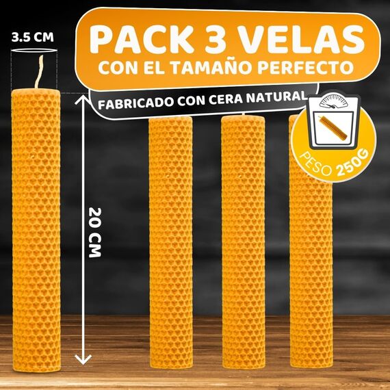 DECEVI Bienenwachskerzen Honigwabe – 8 Stück – 100% Natürliches spanisches Bienenwachs – Handgefertigt & Ohne Paraffin – Nachhaltige Kerzen für Zuhause (3 Stück, 20 cm x 3,5 cm)