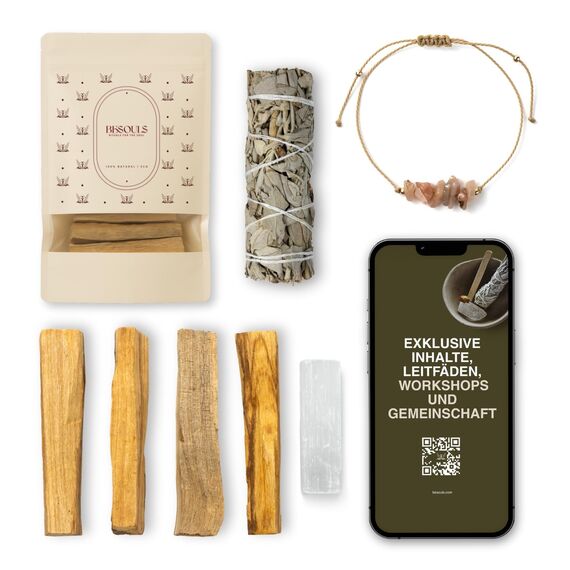 BESOULS Premium Räucherset Hausreinigung: 1 Weißer Salbei zum Räuchern 4-6 Palo Santo Räucherholz aus Peru 1 Selenit Geschenkarmband spirituelle Geschenke weißer Salbei räuchern White sage