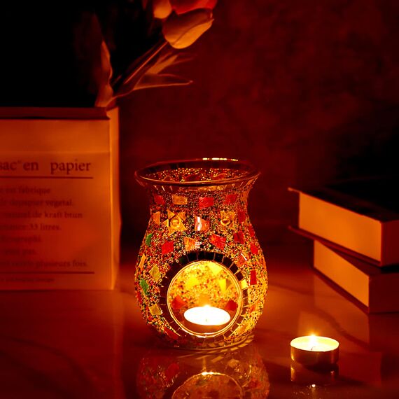 SUMNACON Glass Duftlampe mit Kerzenhalter Teelichthalter Kalebasse Aromalampe Duftlicht Aromabrenner für Duftöl und Duftwachs Mosaik-Muster(Bunt)