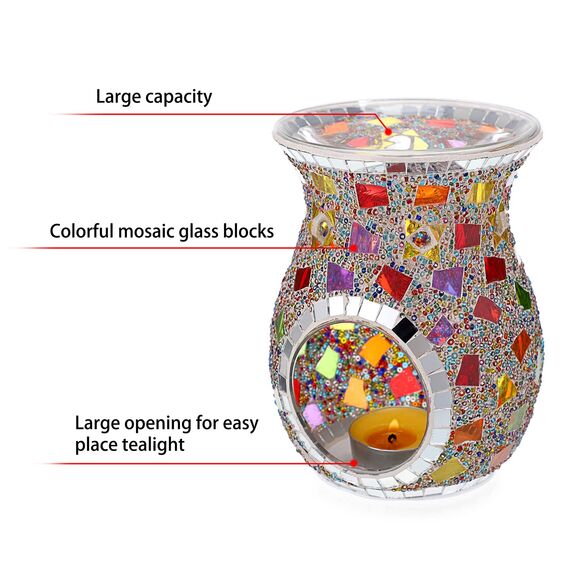 SUMNACON Glass Duftlampe mit Kerzenhalter Teelichthalter Kalebasse Aromalampe Duftlicht Aromabrenner für Duftöl und Duftwachs Mosaik-Muster(Bunt)