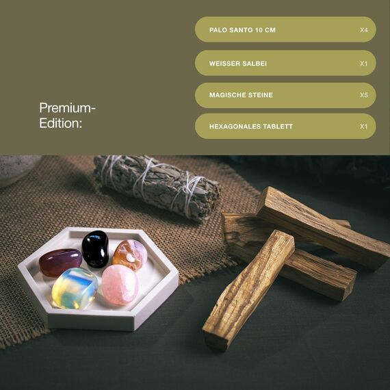 BESOULS Premium Räucherset hausreinigung Neue Anfänge: 4-6 Palo Santo Räucherholz 1 Weißer Salbei zum Räuchern 5 Steine Neubeginn Handgefertigtes Tablett QR mit digitalem Inhalt (Neue Anfänge)