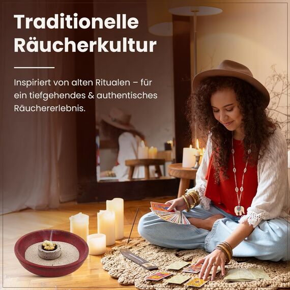 Räucherset „Hausreinigung“ – 9 TLG. – Kräuter-Mischung Reinigung m. Weihrauch Oman Al-Hojari u. Myrrhe - Räucherschale u. Zubehör – Geschenkkarton mit Klarsichtdeckel (Rote Speckstein-Schale)