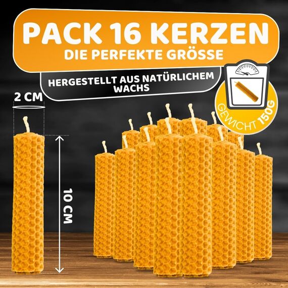 DECEVI Bienenwachskerzen Honigwabe – 16 Stück – 100% Natürliches spanisches Bienenwachs – Handgefertigt & Ohne Paraffin – Nachhaltige Kerzen für Zuhause (16 Stück, 10 cm x 2,2 cm)