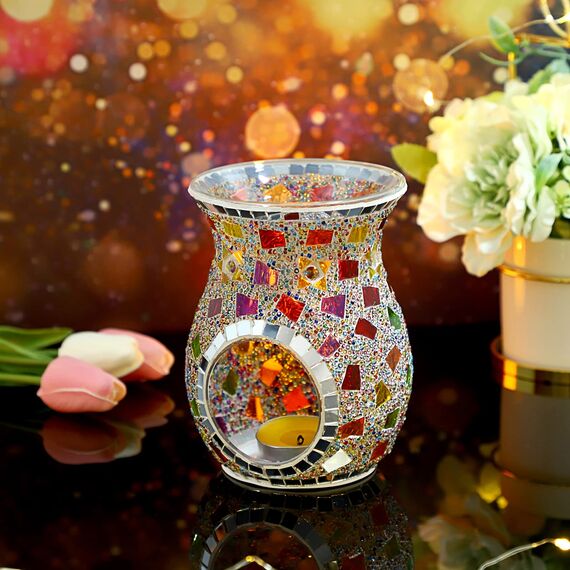 SUMNACON Glass Duftlampe mit Kerzenhalter Teelichthalter Kalebasse Aromalampe Duftlicht Aromabrenner für Duftöl und Duftwachs Mosaik-Muster(Bunt)