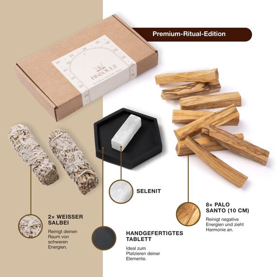BESOULS Premium Räucherset Hausreinigung: 2 Weißer Salbei zum Räuchern 8 Palo Santo Räucherholz aus Peru 1 Selenit Einzigartiges Tablett spirituelle Geschenke Salbei räuchern räucherbündel