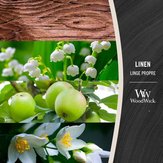 WoodWick mittelgroße Duftkerze im Sanduhrglas mit knisterndem Docht | Linen | Brenndauer bis zu 60 Stunden