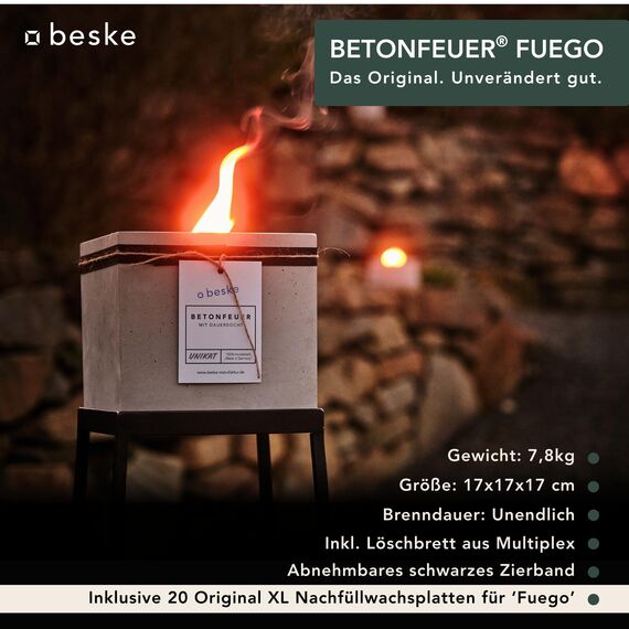 Betonfeuer® - DAS ORIGINAL | Modell 'Fuego' | 17x17x17cm mit Dauerdocht | Premium Kerzenfresser Made in Germany | Deutsche Handarbeit | (Inkl. Nachfüllwachs, Löschbrett aus Holz)