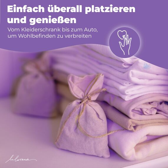 Lalavanda - 12 Lavendelsäckchen aus Baumwolle, 120g Lavendelblüten, Effektiver Mottenschutz für Kleiderschränke mit lang anhaltender Frische und Staubschutz