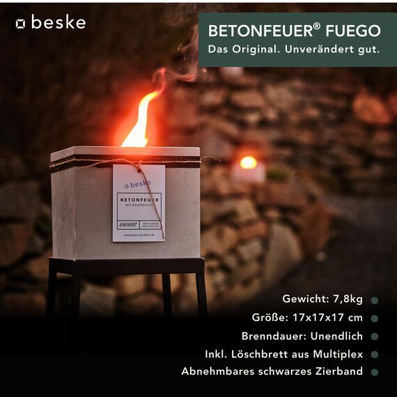 Betonfeuer® - DAS ORIGINAL | Modell 'Fuego' | 17x17x17cm mit Dauerdocht | Premium Kerzenfresser Made in Germany | Deutsche Handarbeit | (Ohne Nachfüllwachs, Löschbrett aus Holz)