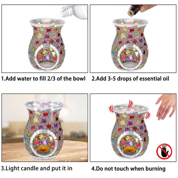 SUMNACON Glass Duftlampe mit Kerzenhalter Teelichthalter Kalebasse Aromalampe Duftlicht Aromabrenner für Duftöl und Duftwachs Mosaik-Muster(Bunt)