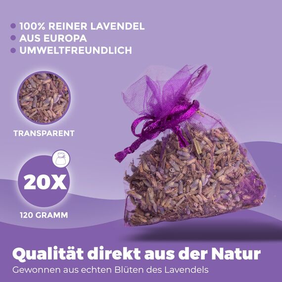 Lalavanda - 20 Lavendelsäckchen, 120g Lavendelblüten, Effektiver Mottenschutz für Kleiderschränke mit lang anhaltender Frische